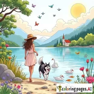 A vibrant, highly detailed illustration of a young woman with long wavy hair, wearing a light summer dress and straw hat, walking barefoot along the shore of a calm, crystal-clear lake. Beside her runs a joyful husky-like dog with an expressive happy face and raised tail. The lake is alive with details: two elegant swans glide on the water, several ducks swim playfully, colorful fish are visible beneath the transparent surface, and bright pink water lilies float among large green leaves. On the shore: tall golden reeds sway gently, wildflowers in many colors (yellow, purple, red, and blue) bloom beside scattered rocks. In the sky: soft white clouds drift across a bright blue background, birds fly in formation, and a warm sun radiates golden light. Around the lake: a variety of trees — pines, birches, and fruit trees with blossoms — frame the scene. In the distance, gentle green hills rise toward pastel-colored mountains, with a small village nestled at their base (red rooftops, a church steeple). Additional details bring life: butterflies and dragonflies flutter above the water, and a playful squirrel perches on a tree branch. The atmosphere is peaceful, warm, and full of color variety, offering countless elements and textures for later adaptation into a coloring book.