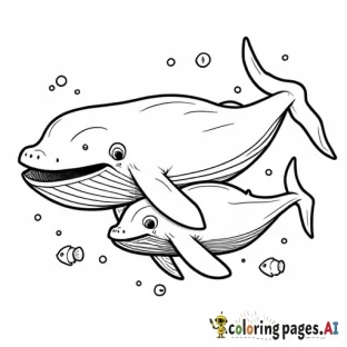 A whale and her calf swimming together, with water coming out of their blowholes.  Add small fish and seaweed around.