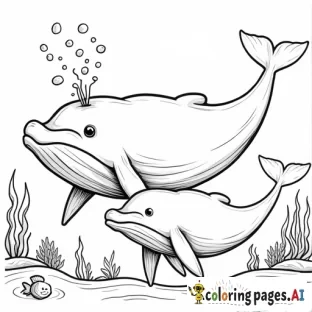 A whale and her calf swimming together, with water coming out of their blowholes.  Add small fish and seaweed around.
