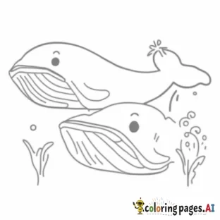 A whale and her calf swimming together, with water coming out of their blowholes.  Add small fish and seaweed around.