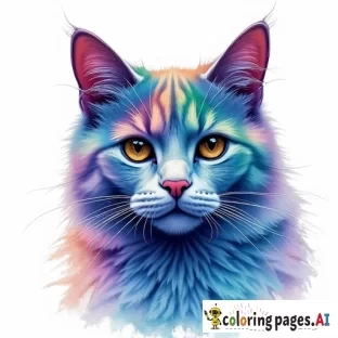 An artistic watercolor painting of a cat with a reverse color scheme. The cat's fur is in surreal hues like deep blues, purples, and greens, while its eyes, nose, and ears remain clearly visible with distinct yet softly blended details. The background is bright white, making the colors stand out. The watercolor edges are soft and light, blending seamlessly into the background for a delicate and fluid effect."