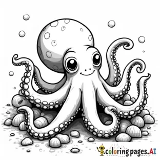An octopus with tentacles wrapped around rocks and shells, with a playful expression.  Include details like suction cups on the tentacles and small treasures at the bottom of the sea.