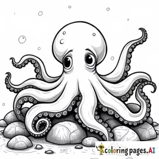 An octopus with tentacles wrapped around rocks and shells, with a playful expression.  Include details like suction cups on the tentacles and small treasures at the bottom of the sea.