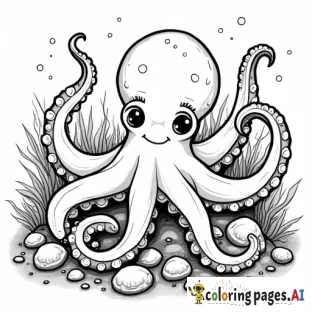 An octopus with tentacles wrapped around rocks and shells, with a playful expression.  Include details like suction cups on the tentacles and small treasures at the bottom of the sea.