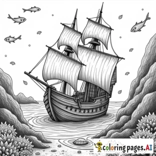 An old ship at the bottom of the sea, surrounded by fish, coral and treasures like chests and coins.  Add details like torn sails and broken wood.