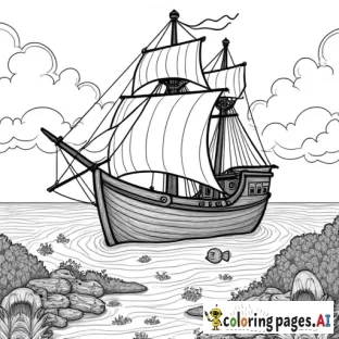 An old ship at the bottom of the sea, surrounded by fish, coral and treasures like chests and coins.  Add details like torn sails and broken wood.