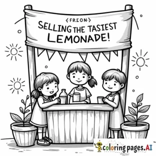 "Black and white coloring page for kids featuring a cute lemonade stand with the sign 'Selling the Tastiest Lemonade with Friends!' in big bold letters. Children happily selling and buying lemonade together, with lemons, cups, a pitcher, and summer decorations like bunting or sunshine. Thick black outlines only, no color, perfect for printing and coloring."