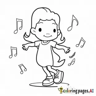 BTS dancing on stage, coloring book page style, thick black outlines, no shading, music notes background.