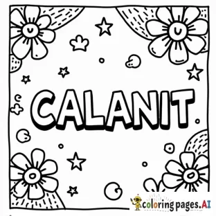 "Create a black-and-white coloring page with the name "CALANIT" in the center. Surround the name with fun doodles like stars, hearts, and flowers."