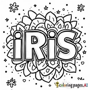 "Create a black-and-white coloring page with the name "IRIS in the center. Surround the name with fun doodles like stars, hearts, and flowers."