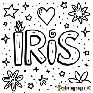 "Create a black-and-white coloring page with the name "IRIS in the center. Surround the name with fun doodles like stars, hearts, and flowers."