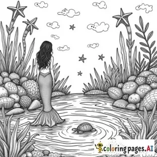 Cute mermaids in a whimsical underwater lagoon, friendly sea creatures like seahorses, starfish, and turtles, shells and coral with intricate patterns, bold outlines, cozy fantasy style, highly detailed black and white line art, for coloring book, magical and playful