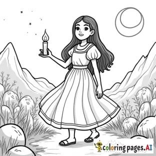 Dibujo para colorear de una niña valiente llamada Dayana, con cabello largo y oscuro, usando un vestido simple pero elegante, sosteniendo una lámpara de aceite. Ella está caminando por un paisaje místico con árboles y montañas, bajo una luna llena brillante. El fondo es oscuro pero el brillo de la luna ilumina su rostro, mostrando determinación y coraje. Los contornos deben ser limpios y claros, con detalles sencillos pero visibles, adecuados para colorear, sin demasiados detalles complejos. El estilo debe ser suave y de líneas simples."