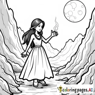 Dibujo para colorear de una niña valiente llamada Dayana, con una lámpara de aceite en la mano, caminando por un paisaje oscuro y misterioso con una luna llena brillante en el cielo. Dayana tiene el cabello largo y oscuro, y lleva un vestido largo y sencillo. Ella está en una aventura en una montaña alta. El entorno es sombrío, pero con detalles como árboles o rocas que añaden un toque místico. La imagen debe ser en contornos negros, con estilo simple para que sea fácil de colorear.