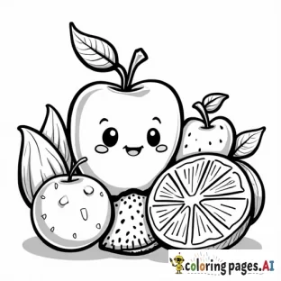"Illustration of various cute fruits (apple, banana, strawberry, orange) in a kawaii cartoon style, black and white line art for a coloring book, clean and minimal design, formatted for an 8.5x8.5 inches book layout, trending on Amazon."  Inserisci dettagli riguardanti:  Lo stile (es. "kawaii", "cartoon", "minimal line art"). La qualità delle linee (es. "linee semplici e pulite"). Il formato (includi "square format 8.5x8.5 inches" o "formatted for 8.5x8.5"). Elementi emotivi (ad esempio "smiling fruits") per dare un tocco in più.
