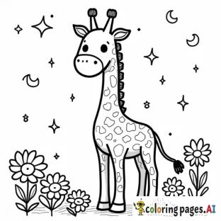 kawaii giraffe standing heart stars moons and candies around him with lots flowers  leave white ample space in the side corners  of flowers