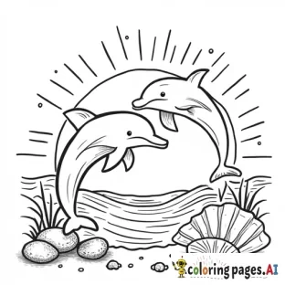 Playful Dolphins  Two dolphins jumping over the waves, with a sun in the background and seashells on the seabed.  Add air bubbles and small fish around.