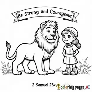 Please draw a coloring page with a boy and girl standing bravely beside a lion. Add a banner at the top that says 'Be Strong and Courageous' and include the verse '2 Samuel 23:20' at the bottom. The style should be black-and-white, simple outlines suitable for children ages 5–10