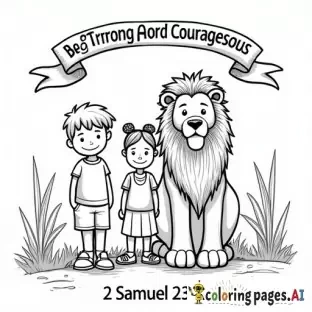 Please draw a coloring page with a boy and girl standing bravely beside a lion. Add a banner at the top that says 'Be Strong and Courageous' and include the verse '2 Samuel 23:20' at the bottom. The style should be black-and-white, simple outlines suitable for children ages 12- 16