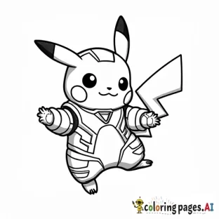 Un pikachu con la armadura de iron man volando con fondo de edificios