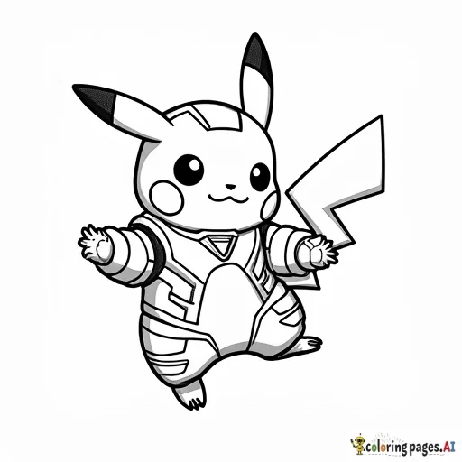 Un pikachu con la armadura de iron man volando con fondo de edificios